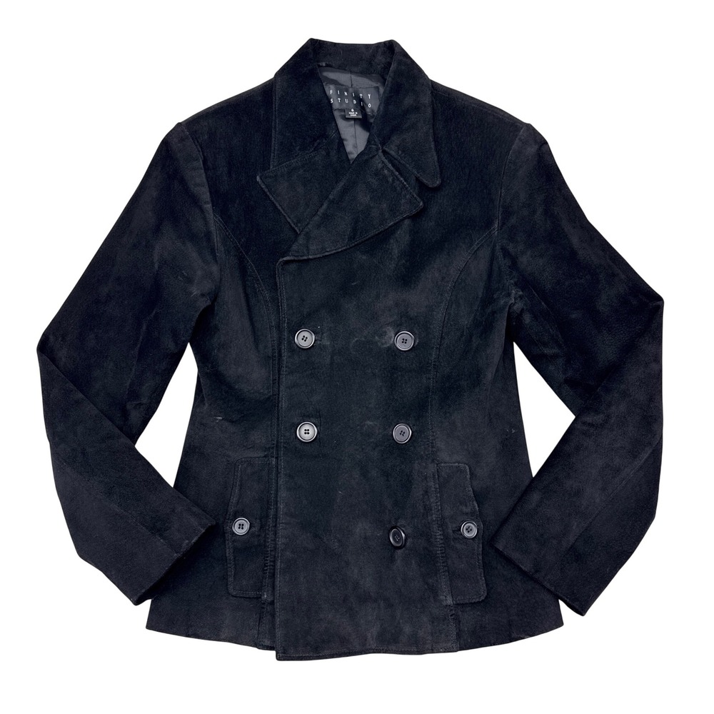 Vintage Suede Leather Double Breasted Jacket Womens Size 6 Black Finity Studio